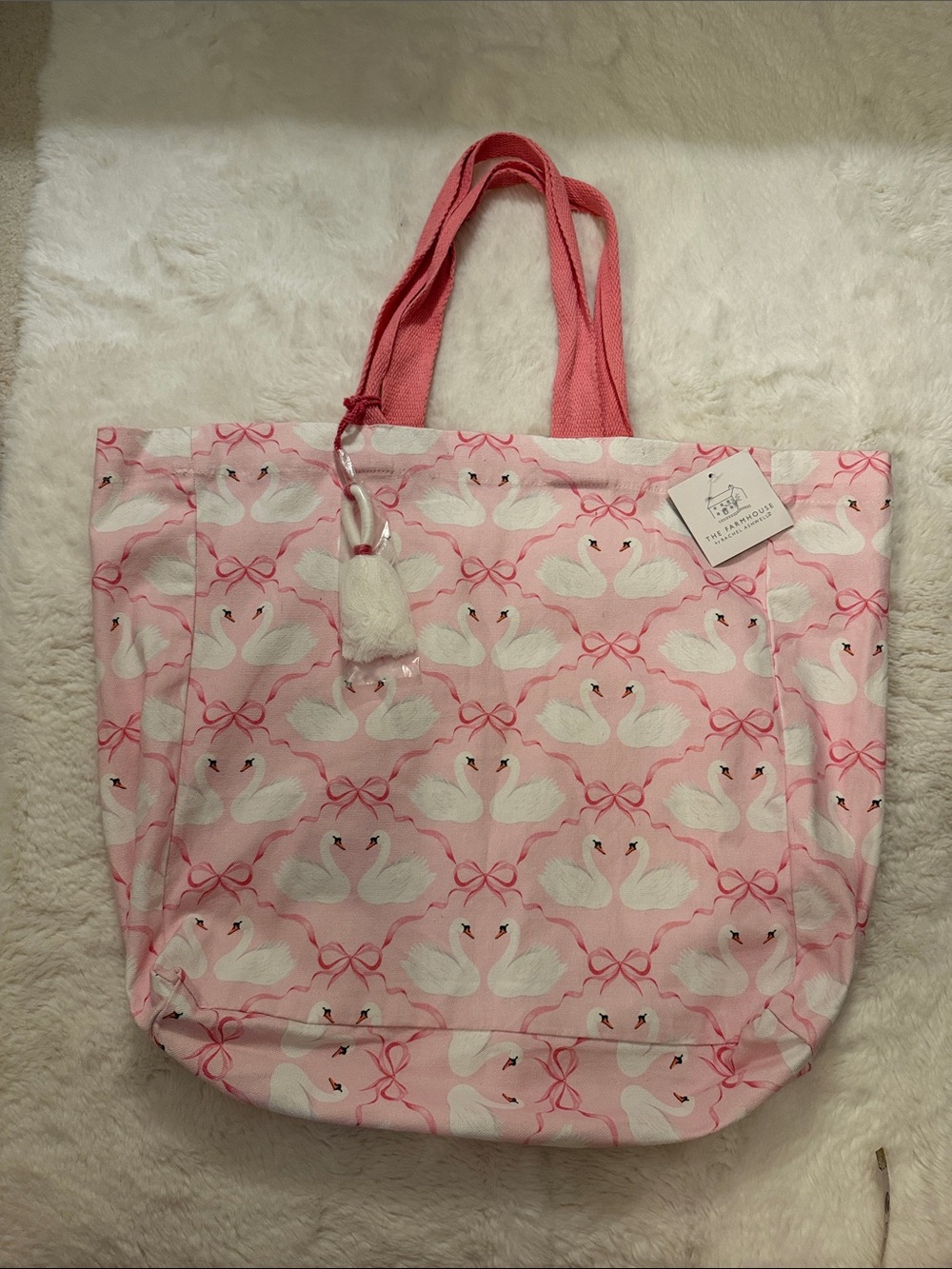 NWT, The Farmhouse Pink Swan Print Tote Bag with Tassel Accent